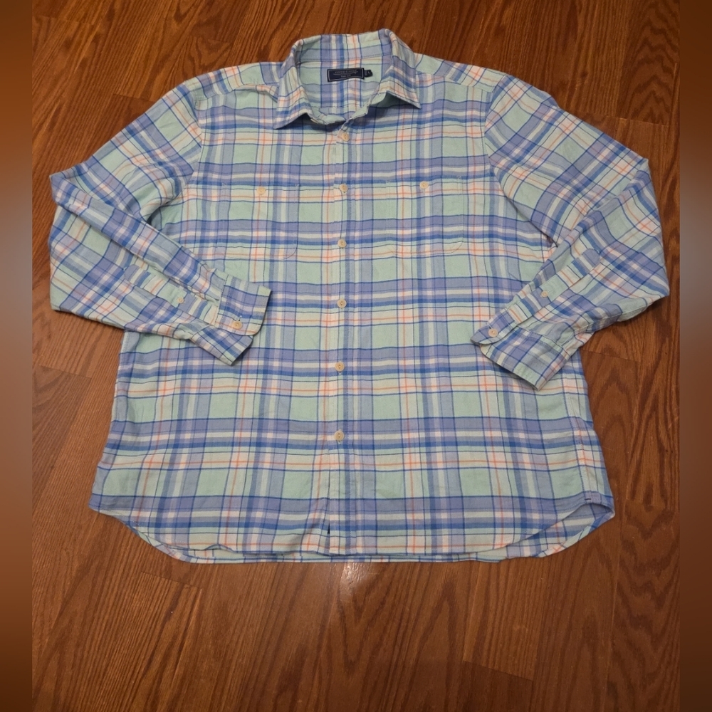 Vineyard‎ Vines Plaid Long Sleeve Shirt Lg Blue White Pink Cotton An Linen Blend